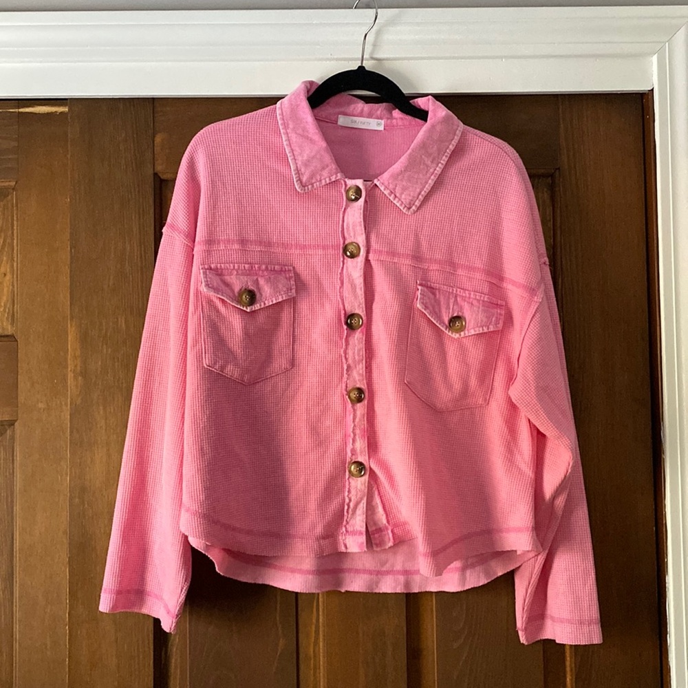 Six fifty lightweight cropped bumble gum pink waffle shacket medium
